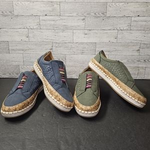 2 Shoes 1 Blue 1 Olive Green Cork Slips On Slides Boho Leather Accent Casual